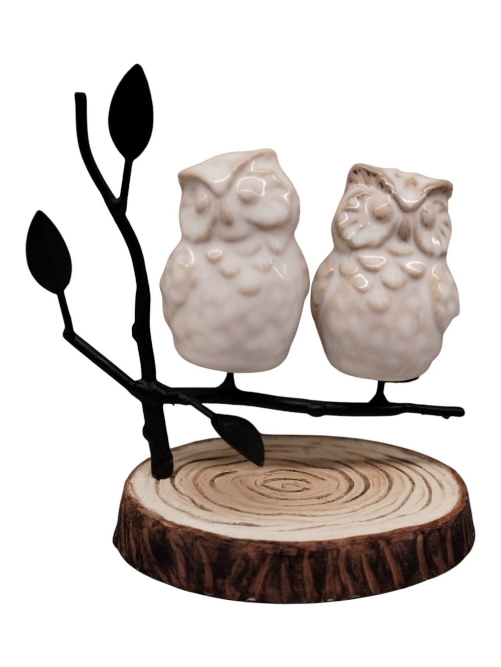Pottery Barn Salt & Pepper Shaker Set Snowy Owl Magnetic Log Tree